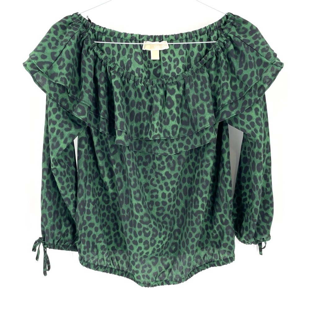 Michael Kors Green Black Leopard Print Off Shoulder Blouse Top - Picture 2 of 7